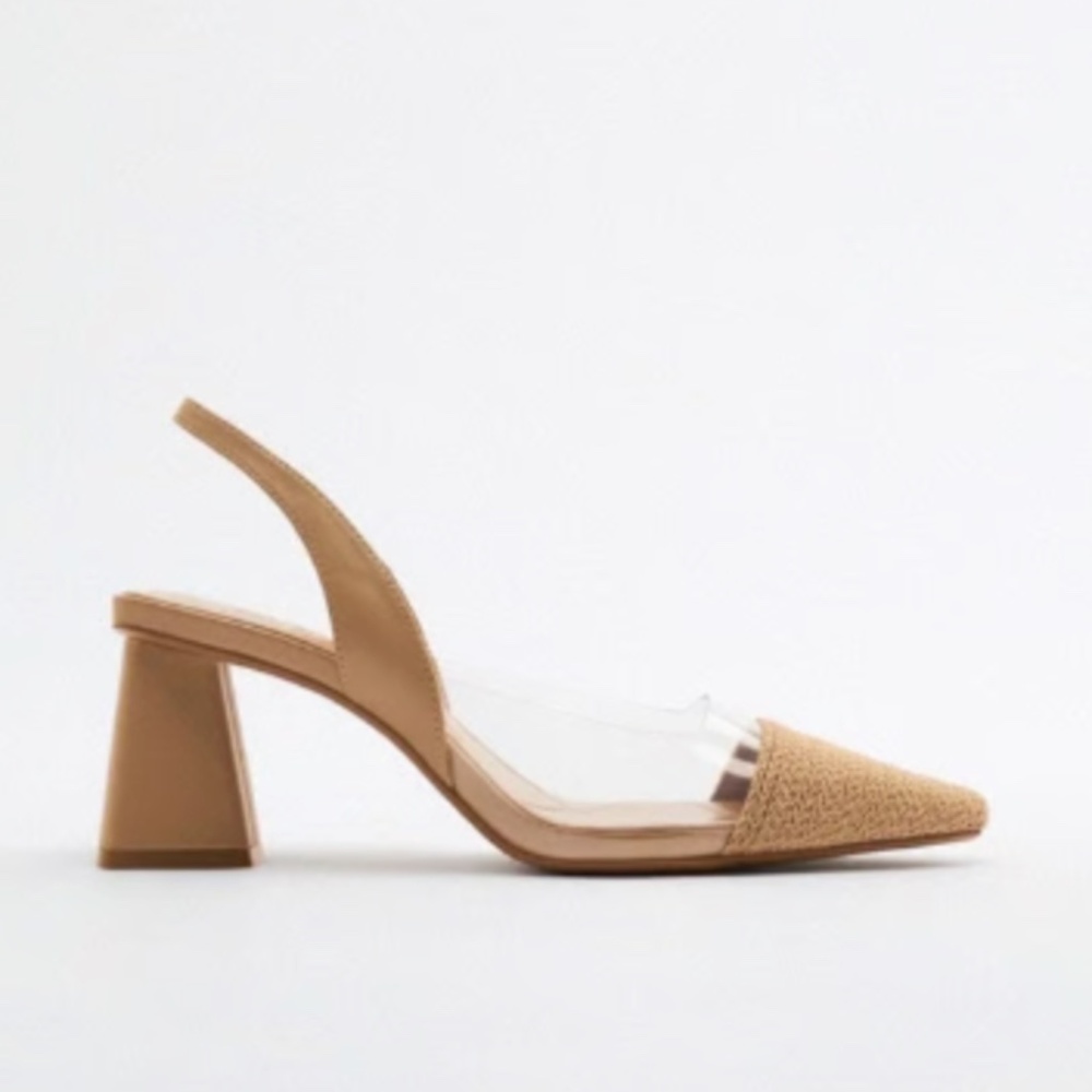Zara Pointed Toe Slingback Heels, Raffia + Clear